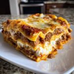 A thick, cheesy slice of amazing 1-layer lasagna with rich meat sauce and creamy ricotta filling.