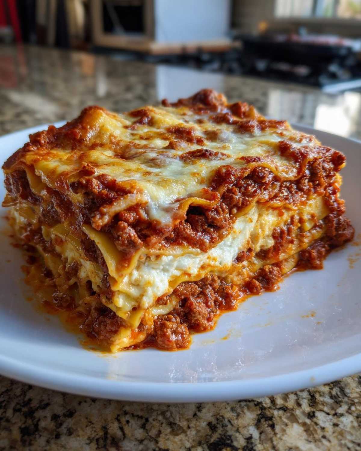 A close-up of a thick, cheesy slice of amazing 1-layer lasagna with rich meat sauce.