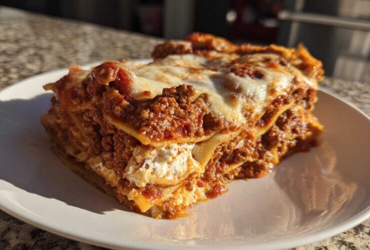 A close-up, sunlit serving of amazing 1-layer lasagna showing rich meat sauce and melted cheese.