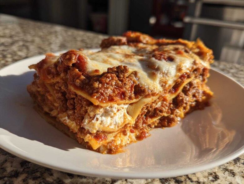 A close-up, sunlit serving of amazing 1-layer lasagna showing rich meat sauce and melted cheese.