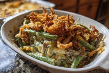 A close-up of a serving dish filled with creamy green bean casserole topped generously with crispy fried onions.