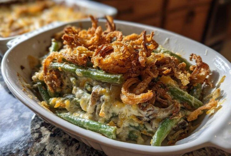 A close-up of a serving dish filled with creamy green bean casserole topped generously with crispy fried onions.