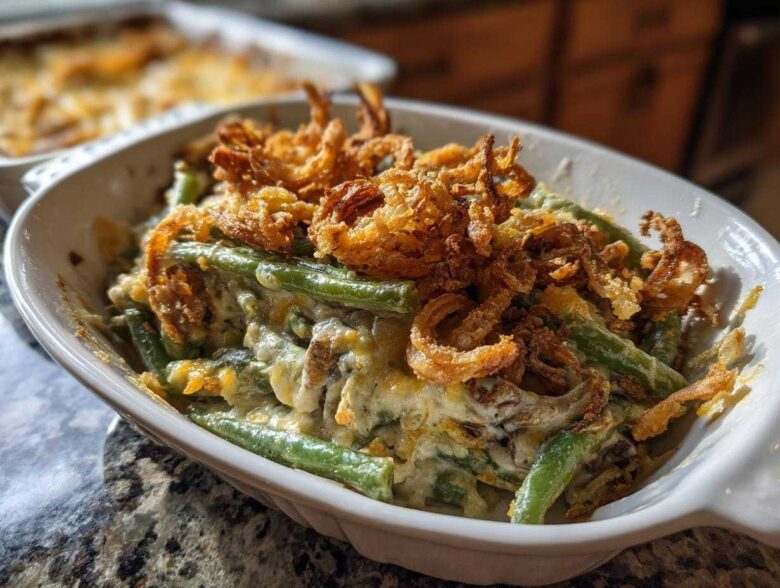 A close-up of a serving dish filled with creamy green bean casserole topped generously with crispy fried onions.