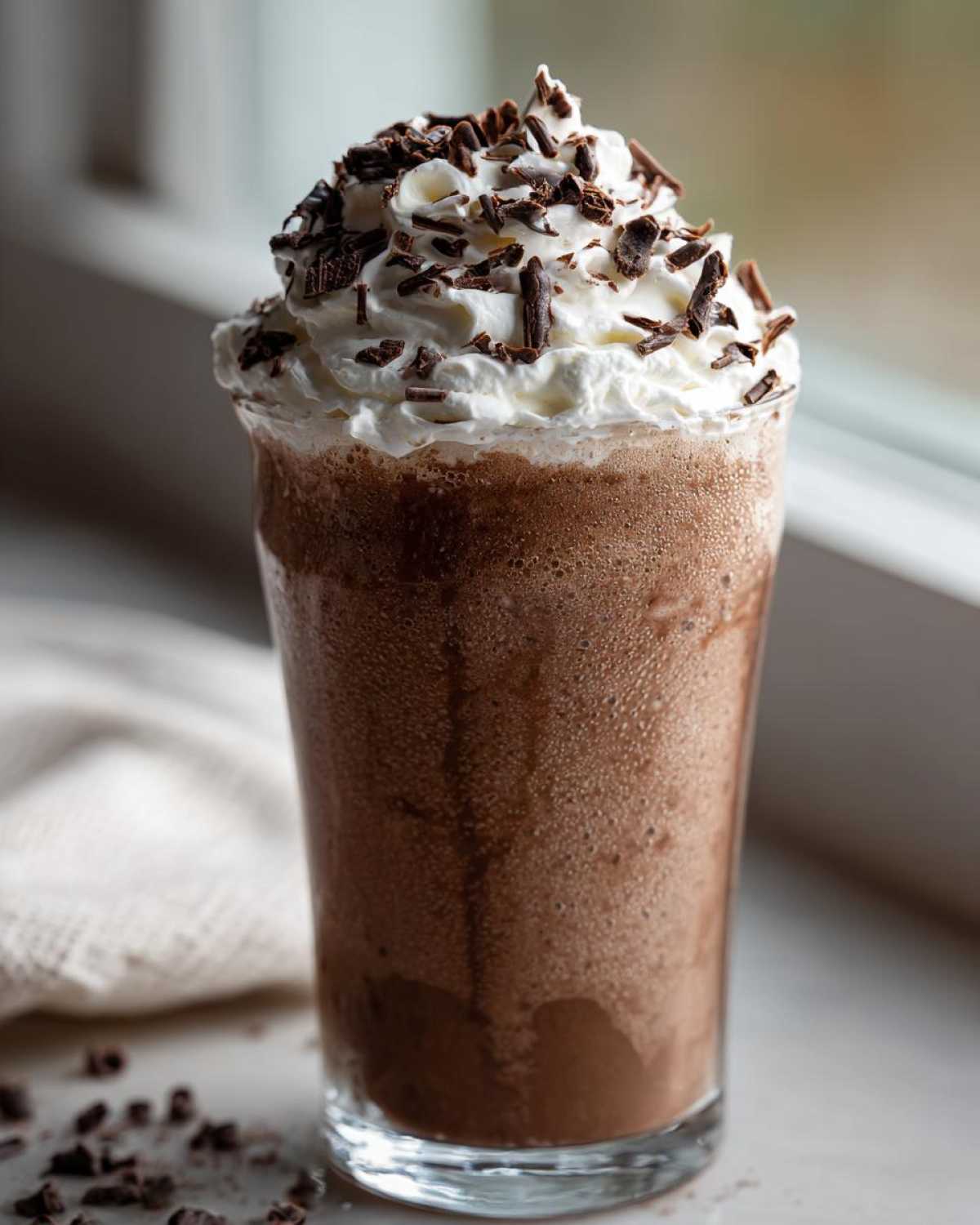A tall glass filled with thick, blended frozen hot chocolate topped with whipped cream and chocolate shavings.