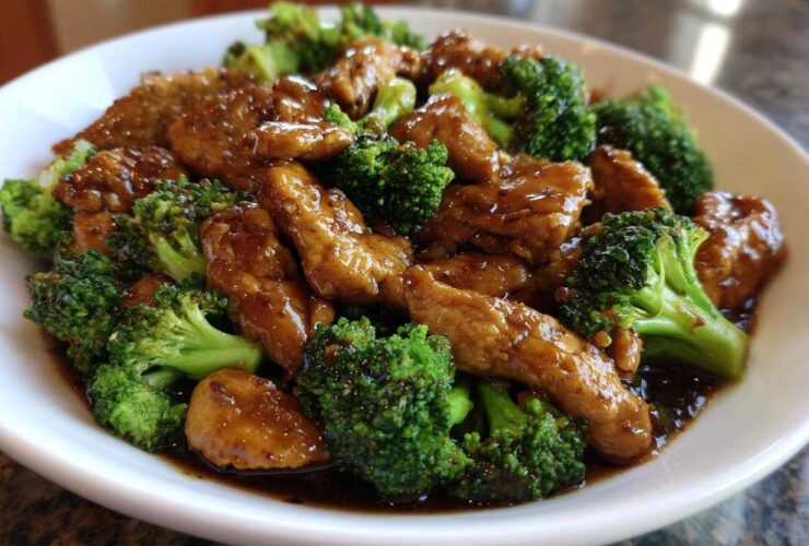 Close-up of tender chicken and bright green broccoli florets coated in a rich brown sauce for chicken and broccoli.