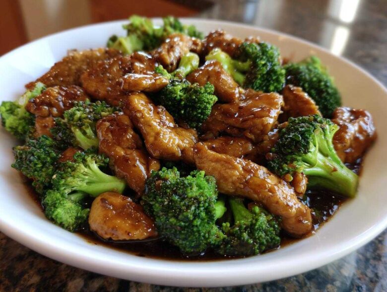 Close-up of tender chicken and bright green broccoli florets coated in a rich brown sauce for chicken and broccoli.