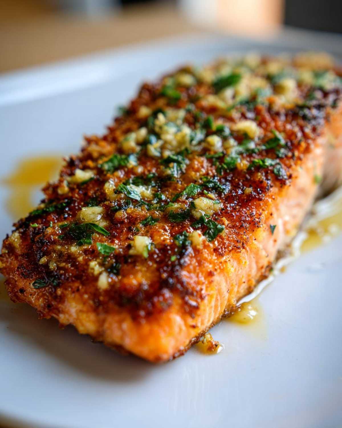 Close-up of a perfectly cooked piece of air fryer salmon with a crispy, golden-brown crust and garlic-herb topping.