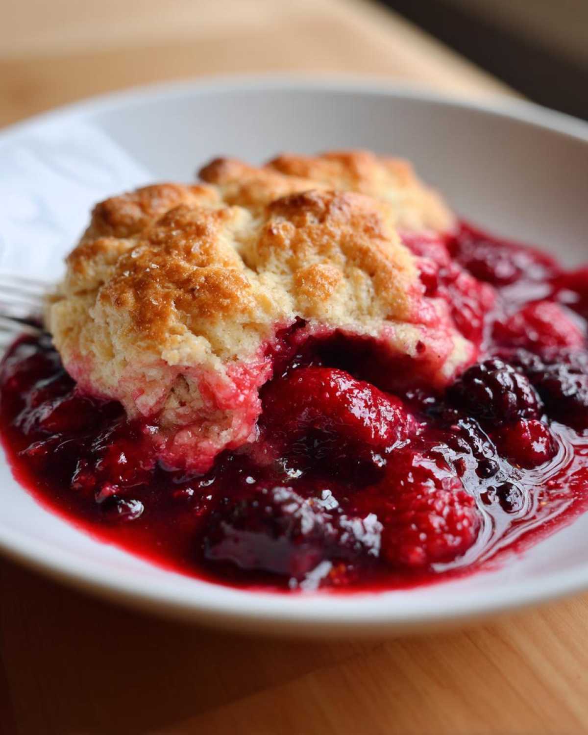 A close-up of a serving of warm berry cobbler, featuring a golden biscuit topping soaking in rich, dark red berry filling.