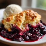 A close-up of a warm serving of berry cobbler with a golden biscuit topping and rich berry filling, topped with vanilla ice cream.