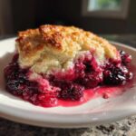 A close-up of a warm serving of berry cobbler with a golden biscuit topping and juicy, dark berries.