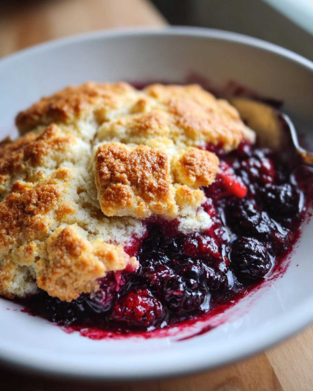 Close-up of a warm serving of berry cobbler with a golden biscuit topping and bubbling dark berries.
