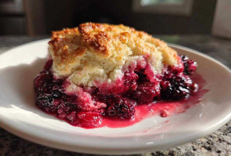 A close-up of a warm serving of berry cobbler with a golden biscuit topping and juicy, dark berries.