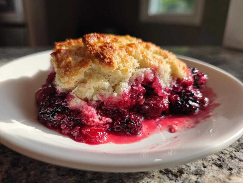 A close-up of a warm serving of berry cobbler with a golden biscuit topping and juicy, dark berries.