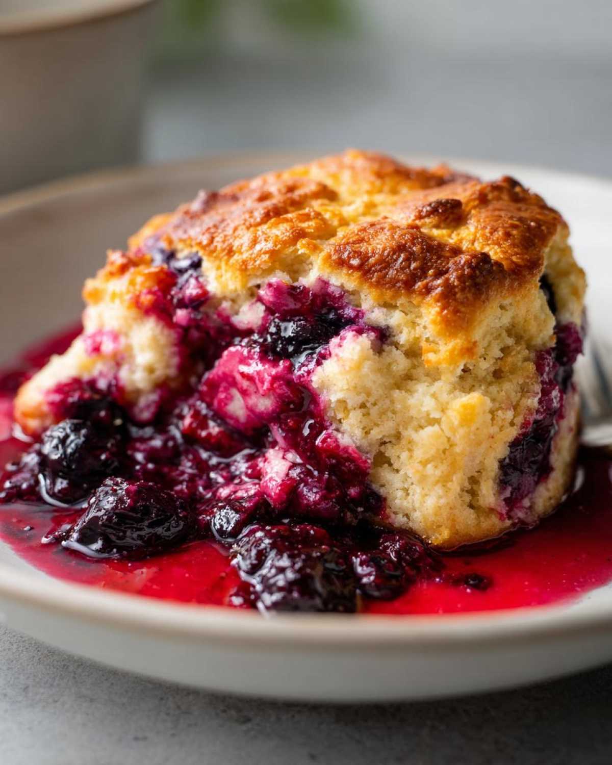 Close-up of a warm serving of berry cobbler with a golden biscuit topping and rich, bubbling berry filling.