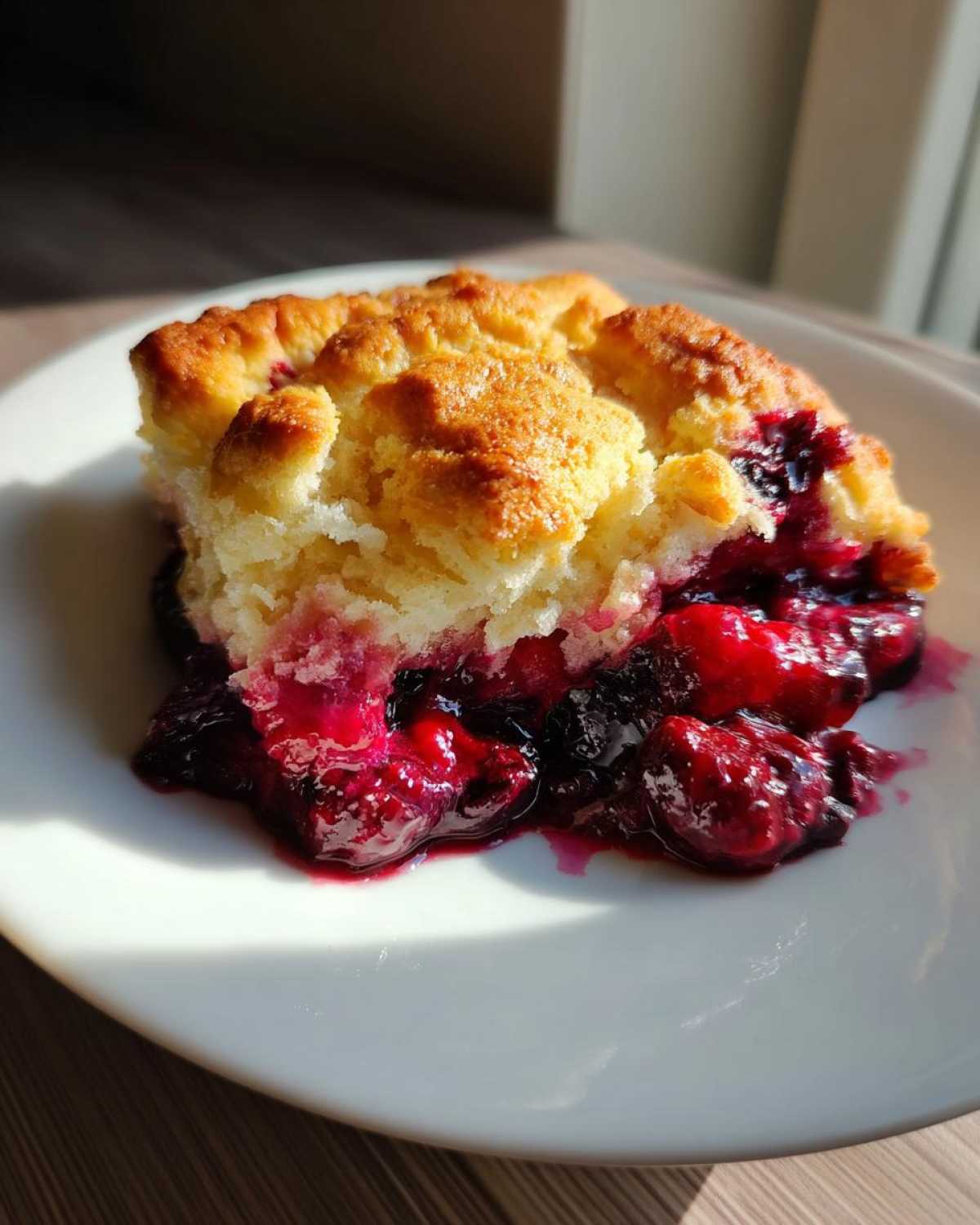 A close-up of a warm serving of berry cobbler with a golden topping and juicy, dark red filling.