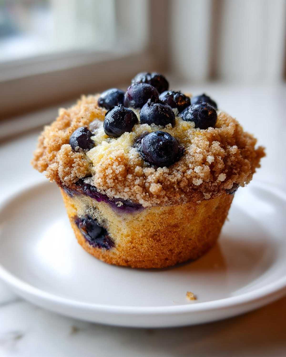 A close-up of a golden brown blueberry muffin topped with fresh blueberries and a generous streusel crumb topping.