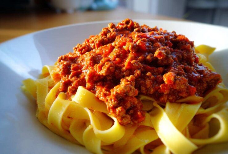Close-up of rich, meaty bolognese sauce generously spooned over a bed of fresh yellow tagliatelle pasta.