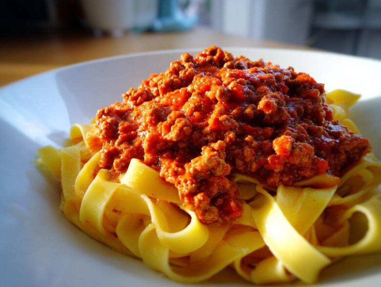 Close-up of rich, meaty bolognese sauce generously spooned over a bed of fresh yellow tagliatelle pasta.