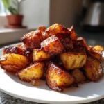 A close-up of perfectly crispy, golden-brown breakfast potatoes piled high on a white plate, catching bright sunlight.