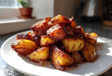 A close-up of perfectly crispy, golden-brown breakfast potatoes piled high on a white plate, catching bright sunlight.