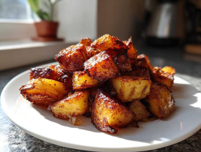 A close-up of perfectly crispy, golden-brown breakfast potatoes piled high on a white plate, catching bright sunlight.