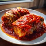 Two hearty cabbage rolls filled with meat, smothered in rich tomato sauce, served on a white plate.