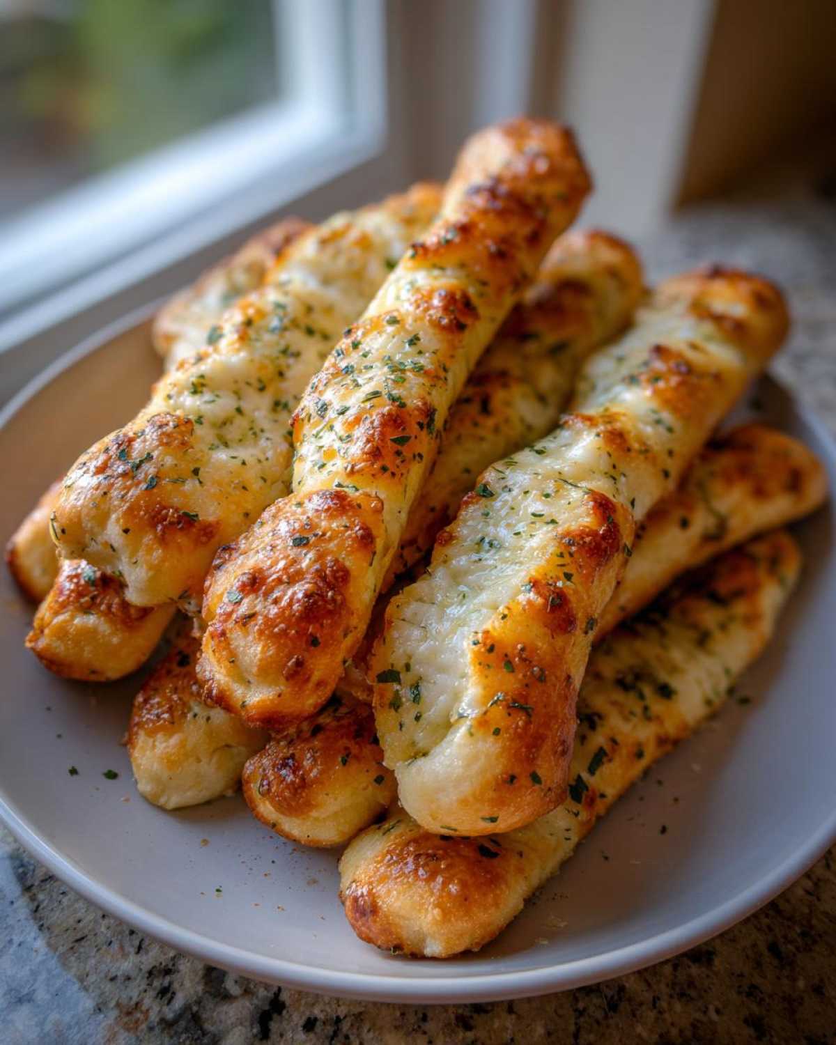 A pile of freshly baked, golden brown, cheesy garlic breadsticks seasoned with parsley on a light gray plate.