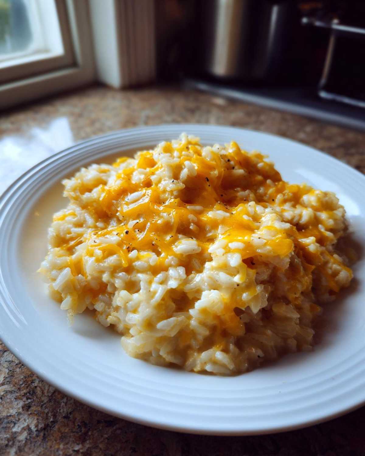 A close-up of a white plate piled high with creamy, amazing cheesy rice topped with melted orange cheddar cheese and black pepper.