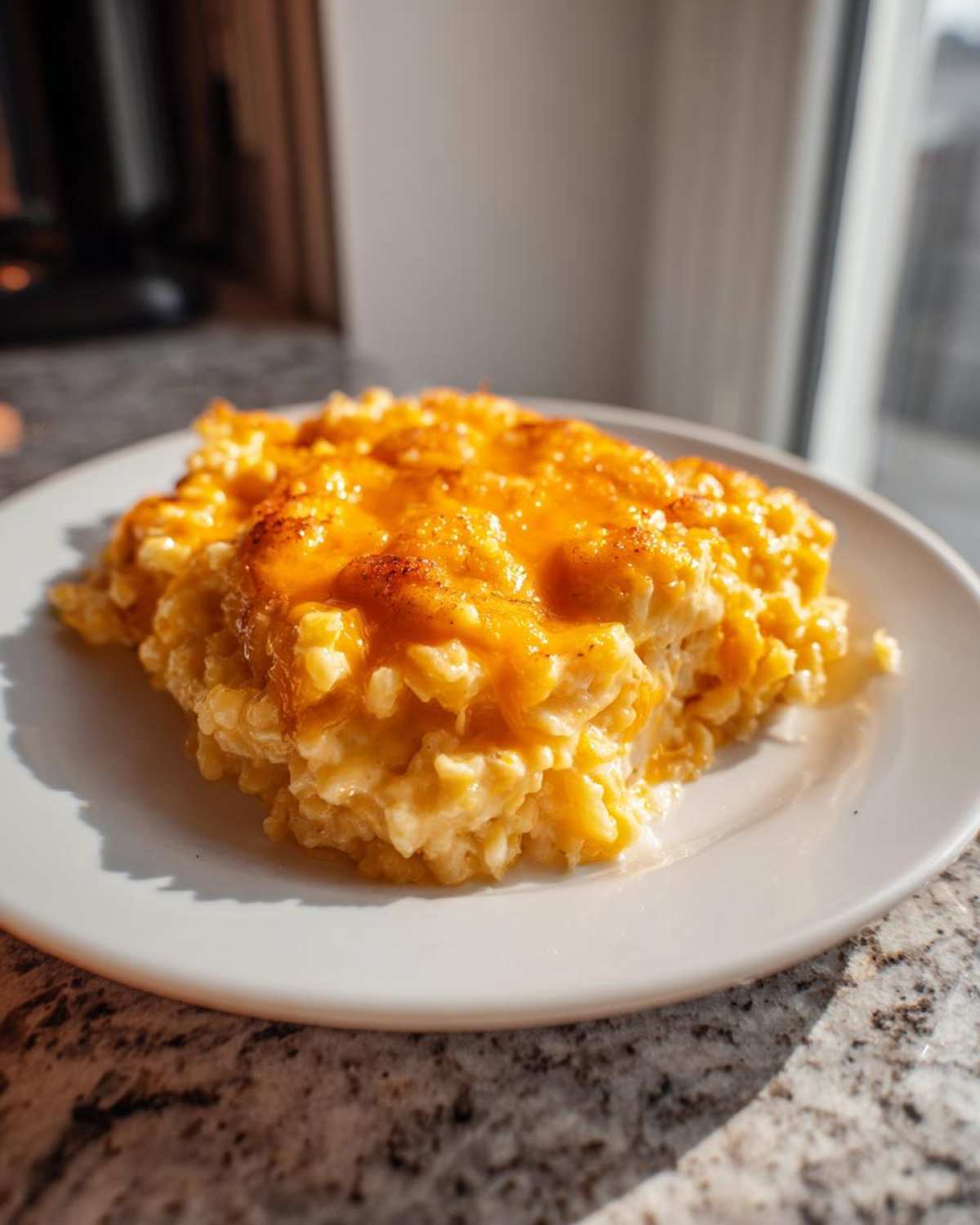A generous serving of amazing cheesy rice topped with melted cheddar cheese on a white plate.