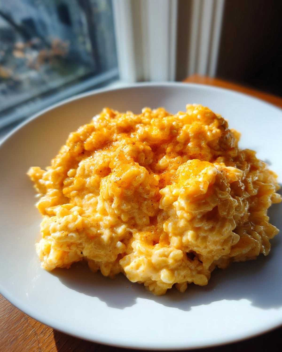 A close-up shot of a serving of creamy, bright orange cheesy rice in a white bowl, highlighted by natural sunlight.