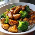 Close-up of glossy chicken and broccoli stir-fry served over white rice in a white bowl.