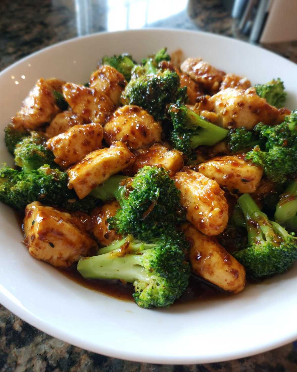 A close-up view of bite-sized pieces of glazed chicken and bright green broccoli florets mixed together in a white bowl, representing chicken and broccoli.