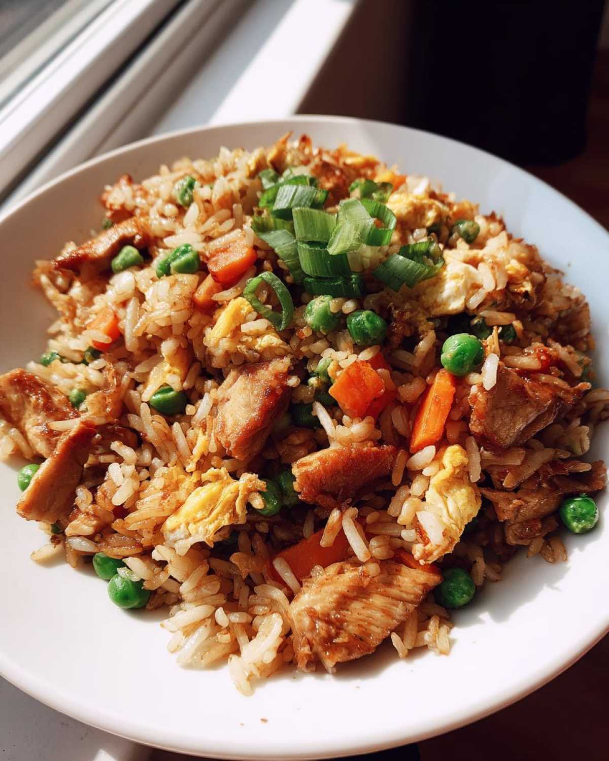 Close-up of amazing chicken fried rice with peas, carrots, egg, and scallions on a white plate.