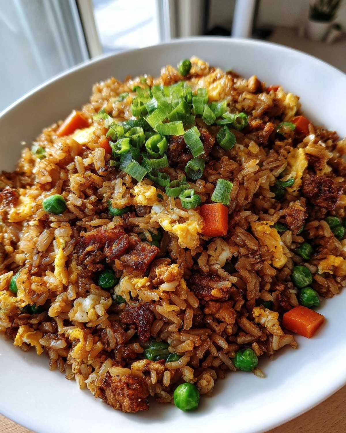 Close-up of a white bowl filled with savory chicken fried rice, mixed with egg, peas, carrots, and topped with fresh green onions.