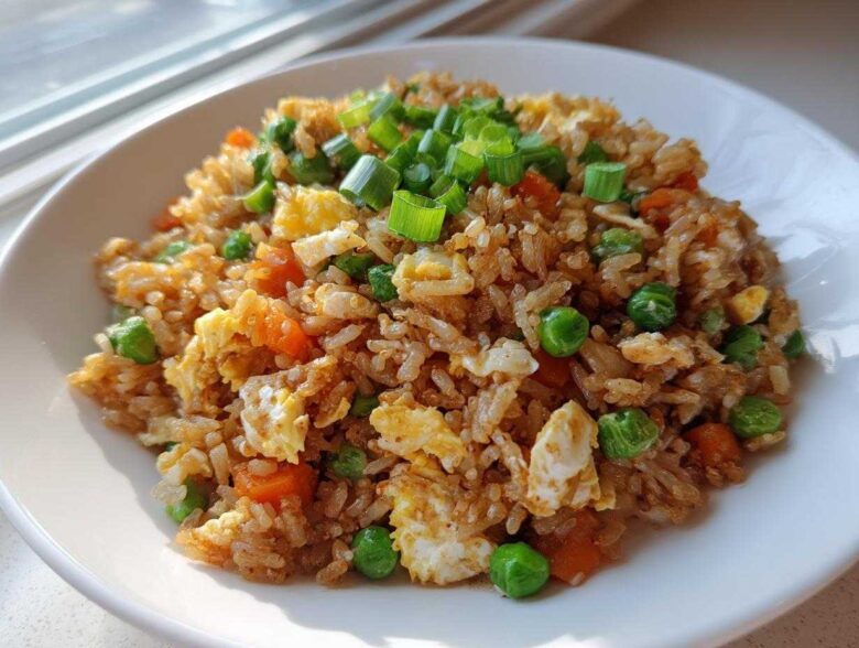 A close-up of a bowl of amazing chicken fried rice garnished with green onions, peas, and scrambled egg.