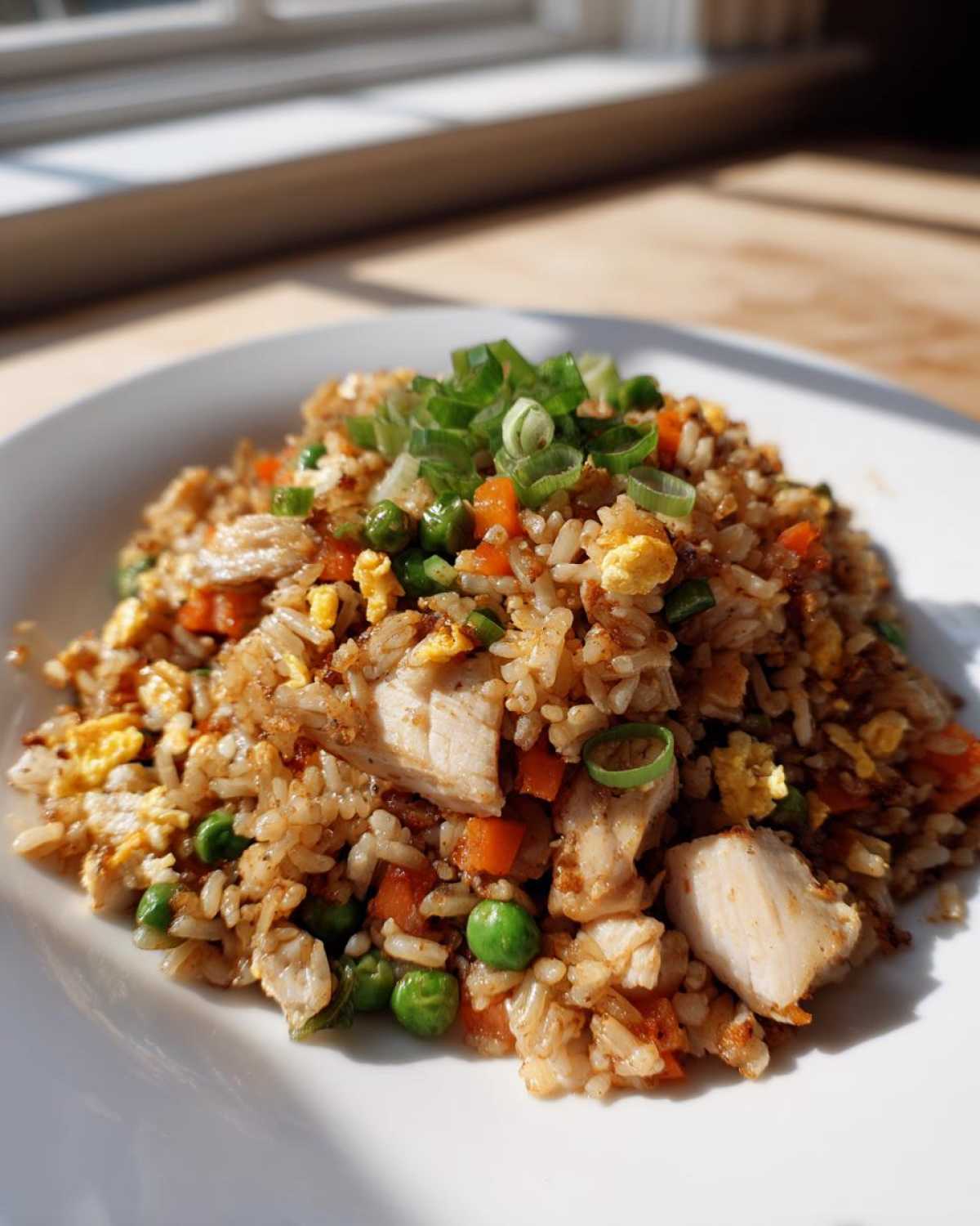 A close-up of a generous serving of amazing chicken fried rice, featuring chunks of chicken, peas, carrots, and scrambled egg, topped with green onions.