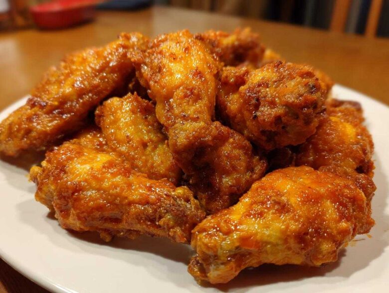 A pile of perfectly cooked, glossy, orange-glazed chicken wings stacked on a white plate.