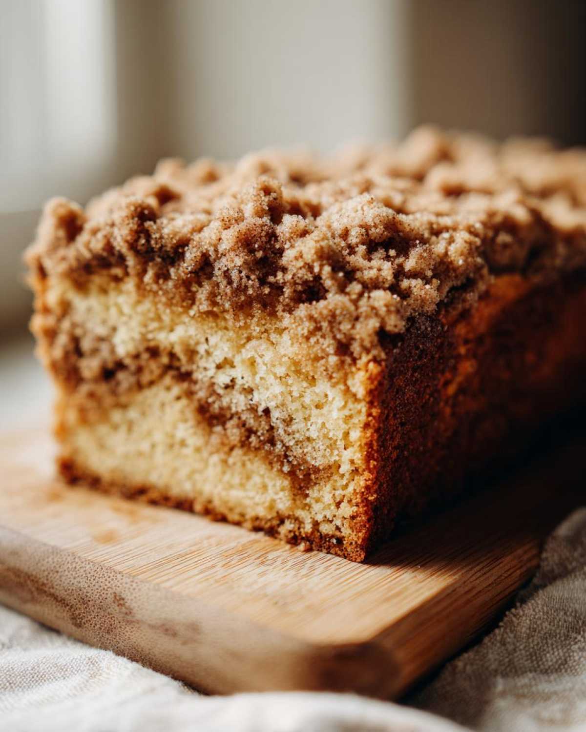 A close-up slice of amazing coffee cake showing the moist interior and thick, sugary cinnamon crumb topping.