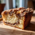 A close-up, sunlit slice of moist coffee cake showing a rich cinnamon swirl and thick crumb topping.