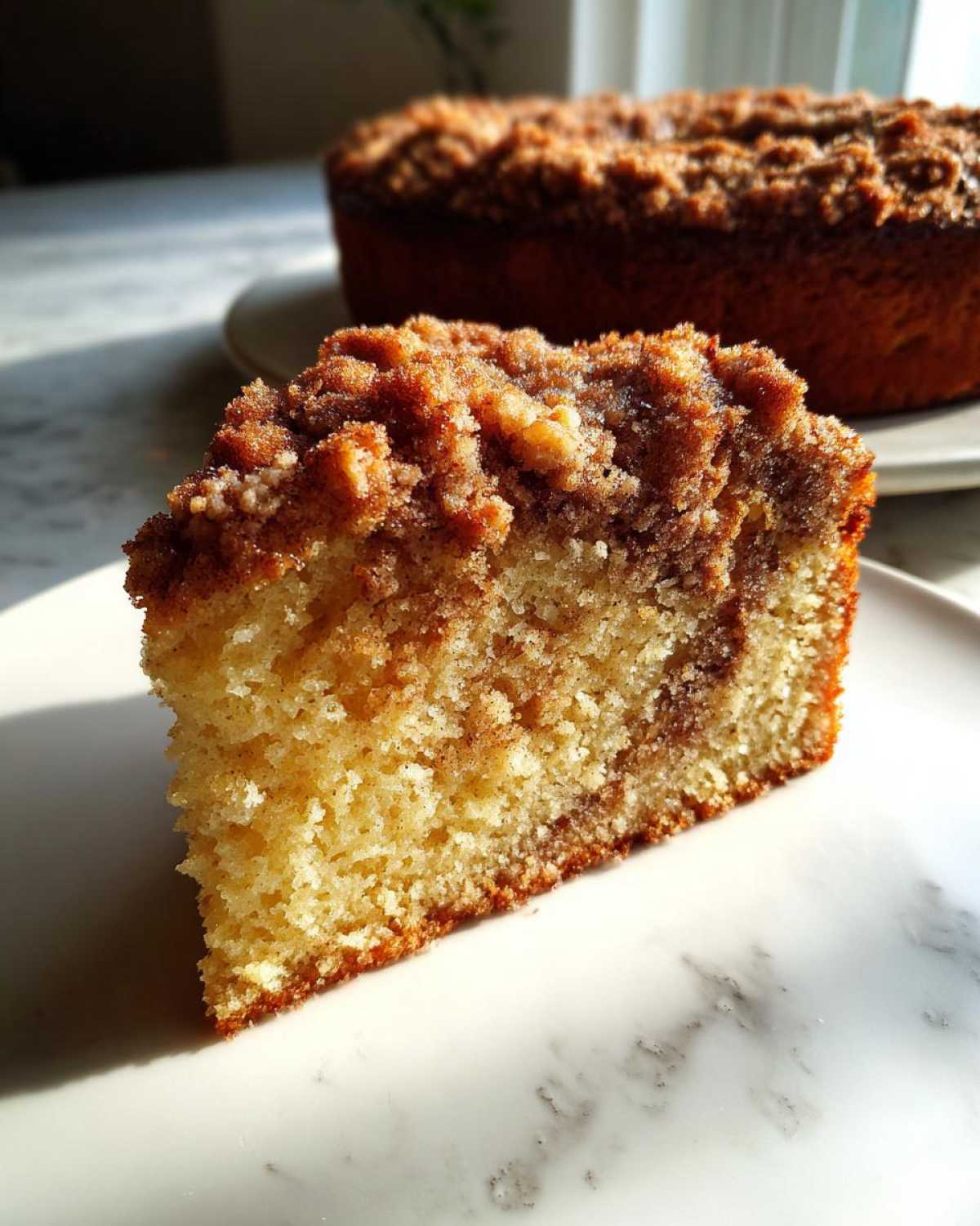 Close-up of a moist slice of coffee cake showing the yellow cake base, cinnamon swirl, and thick, sugary crumb topping.
