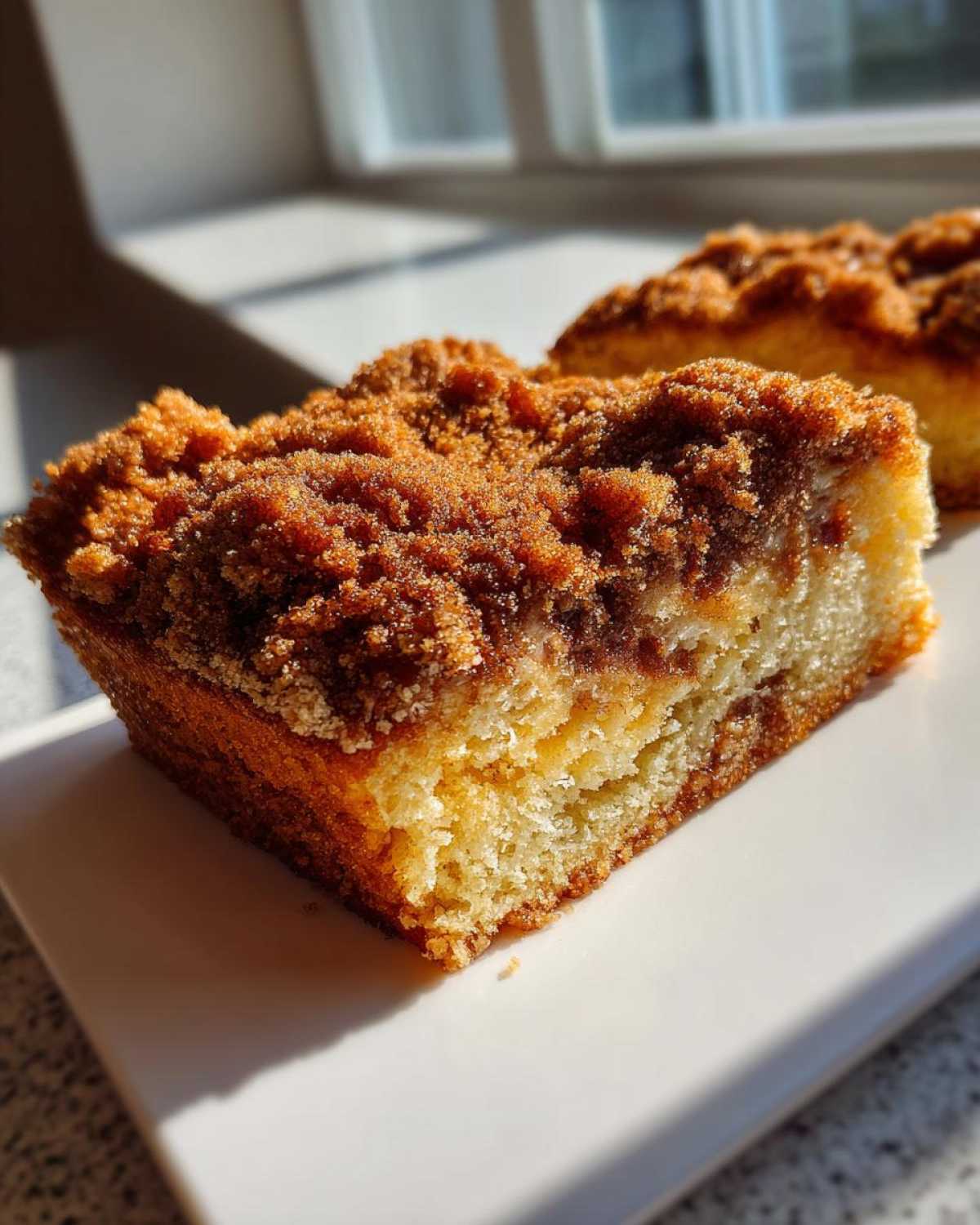Close-up of a moist slice of coffee cake featuring a thick, sugary cinnamon crumb topping.