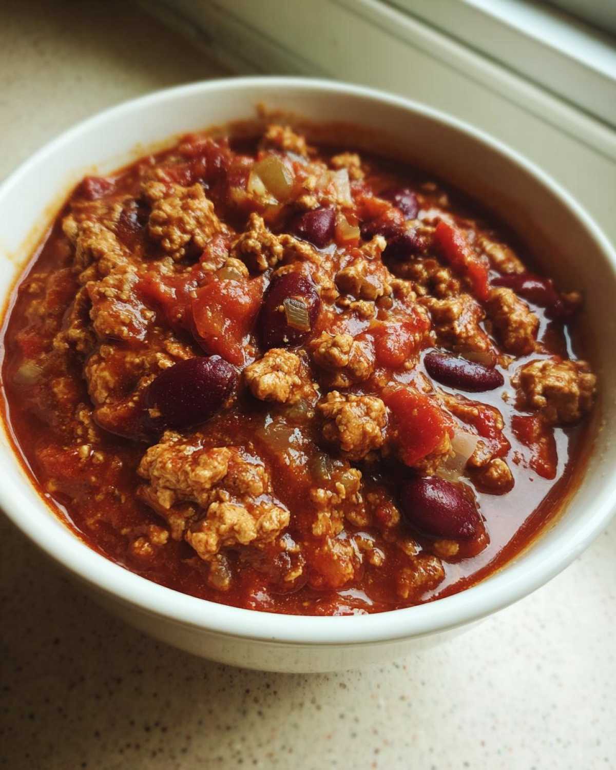 Close-up of a white bowl filled with rich, thick crockpot chili featuring ground meat and kidney beans.