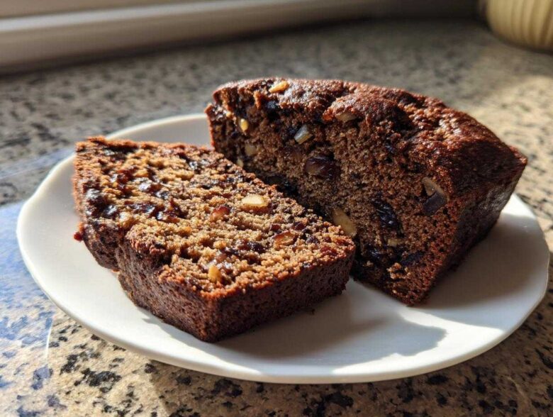 Two slices of moist, dark date nut bread packed with dates and walnuts, served on a white plate.