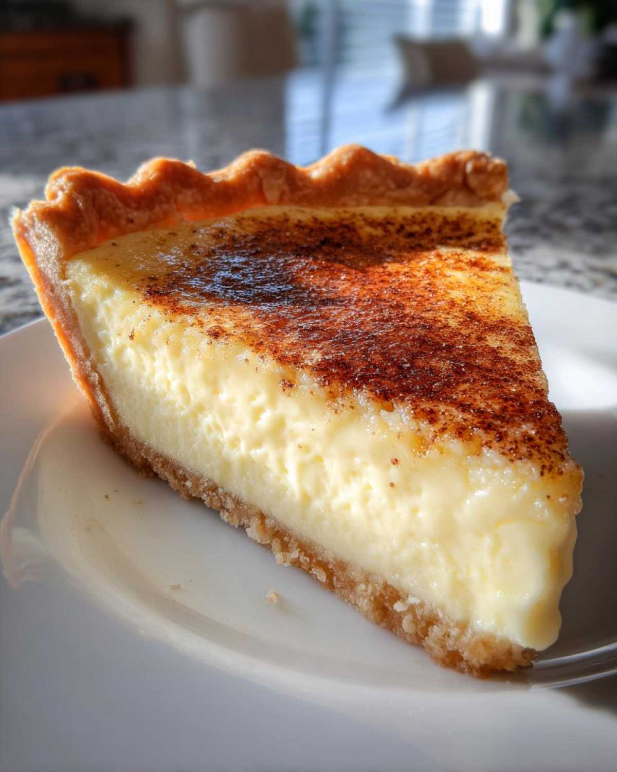 Close-up of a thick slice of creamy egg custard pie with a golden crust and sprinkled cinnamon on top.