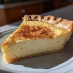 A perfect slice of creamy egg custard pie dusted with cinnamon on a white plate.