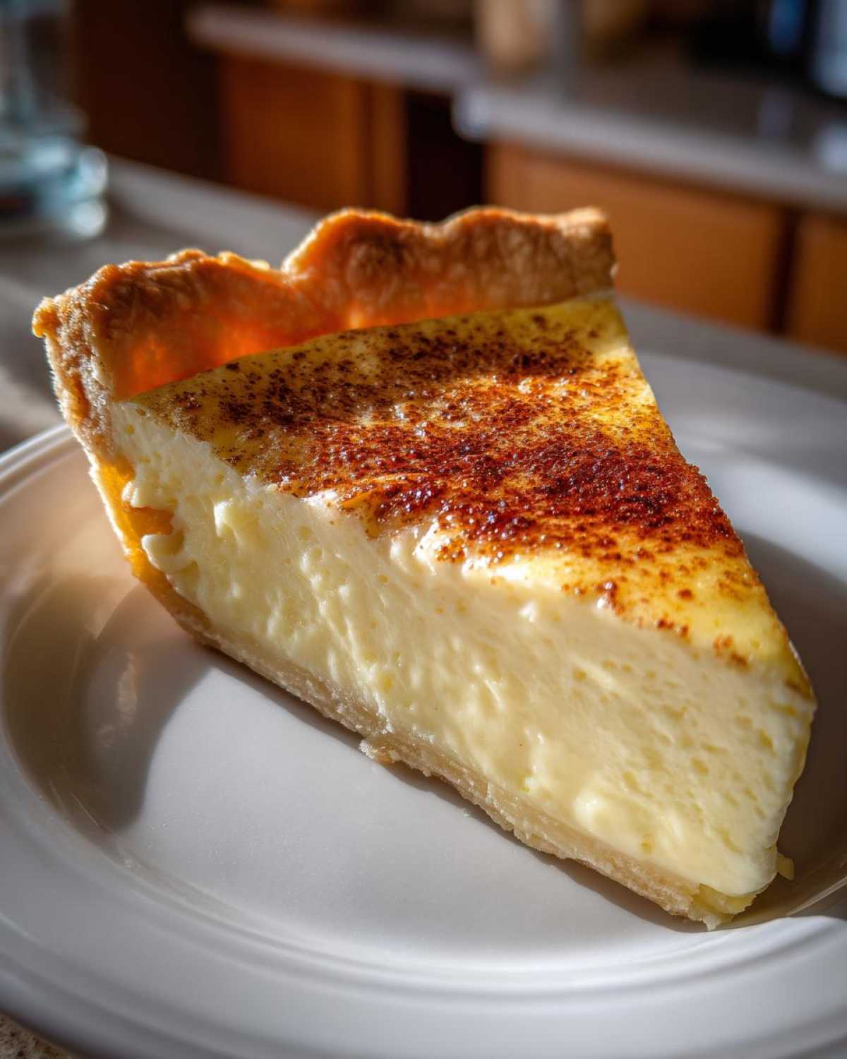 A perfect slice of creamy egg custard pie dusted with cinnamon on a white plate.