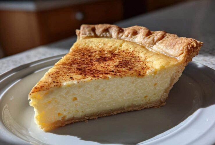 A perfect slice of creamy egg custard pie dusted with cinnamon on a white plate.