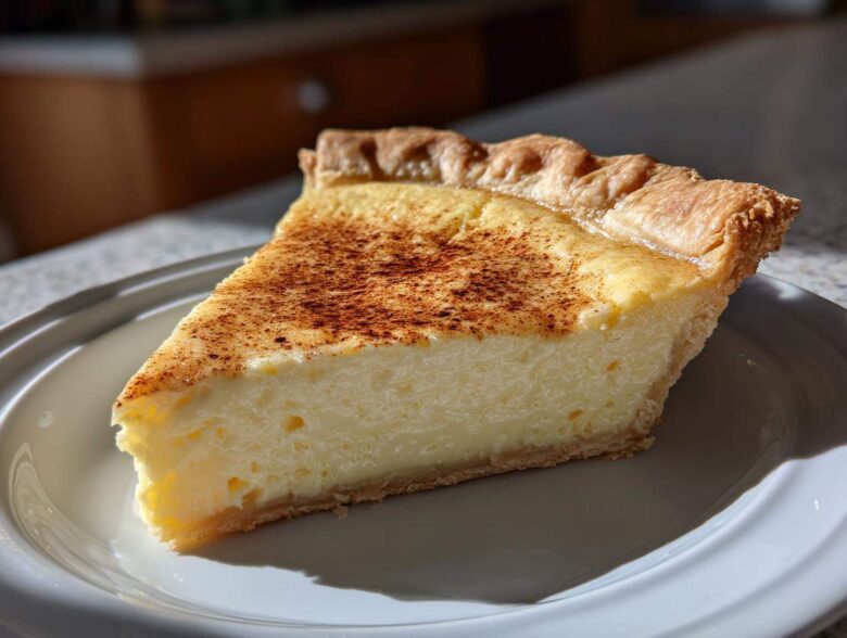 A perfect slice of creamy egg custard pie dusted with cinnamon on a white plate.