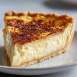 A close-up of a thick slice of amazing 1 egg custard pie showing the creamy filling and caramelized top.
