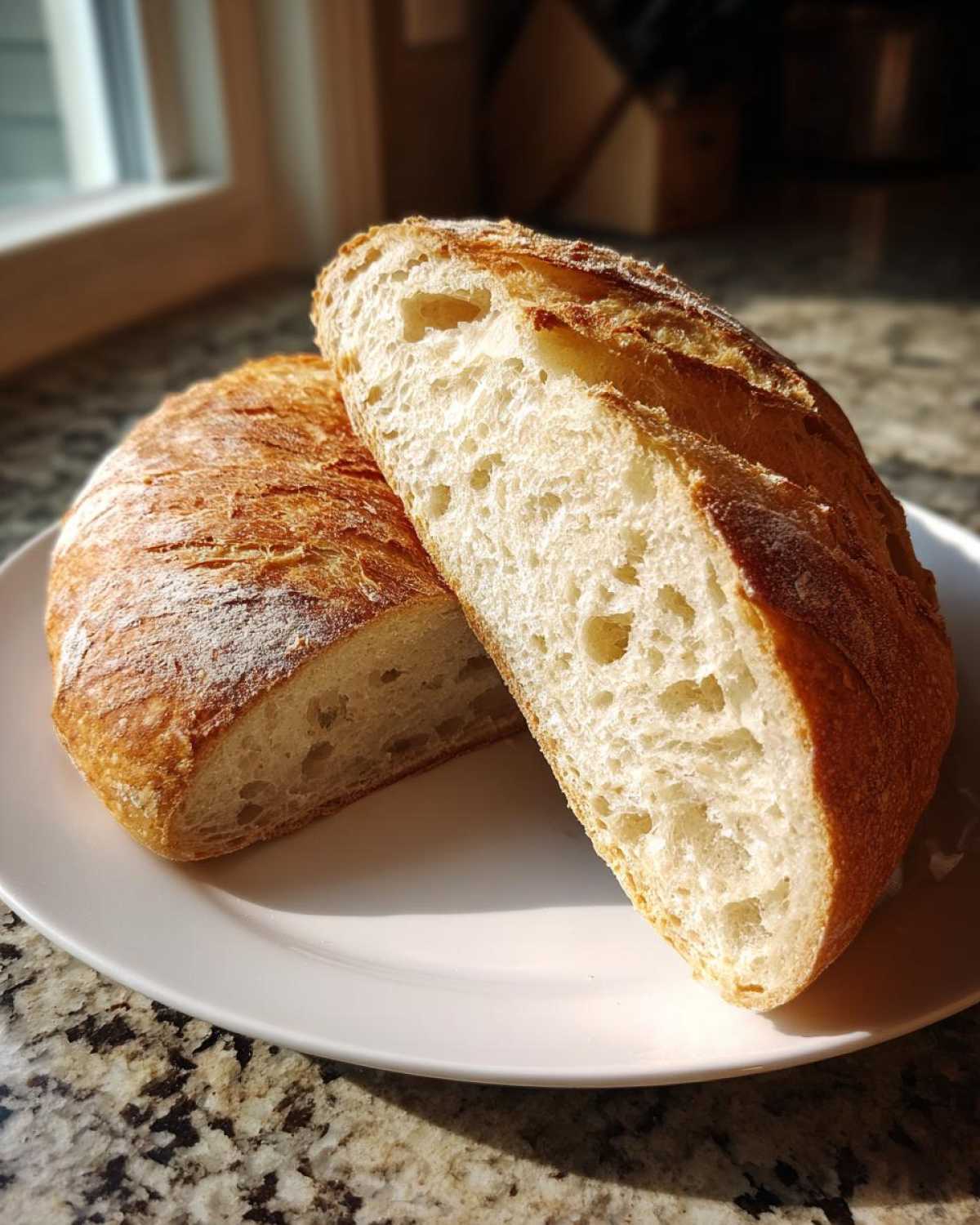 Close-up of amazing french bread sliced in half showing the soft, airy interior crumb structure.